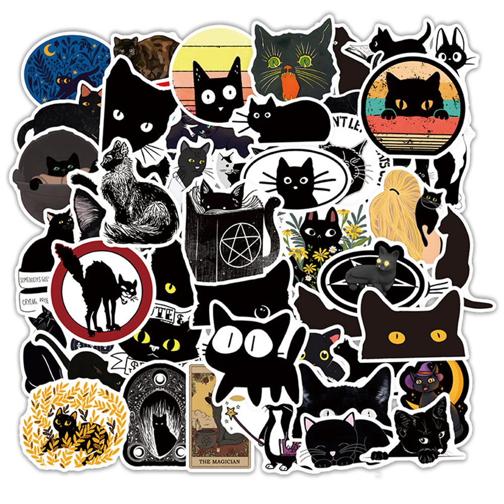 50PCS Cute Black Cat Stickers - Kawaii Animal Decals for Halloween, Laptops, Water Bottles & Witchy Aesthetic Gifts