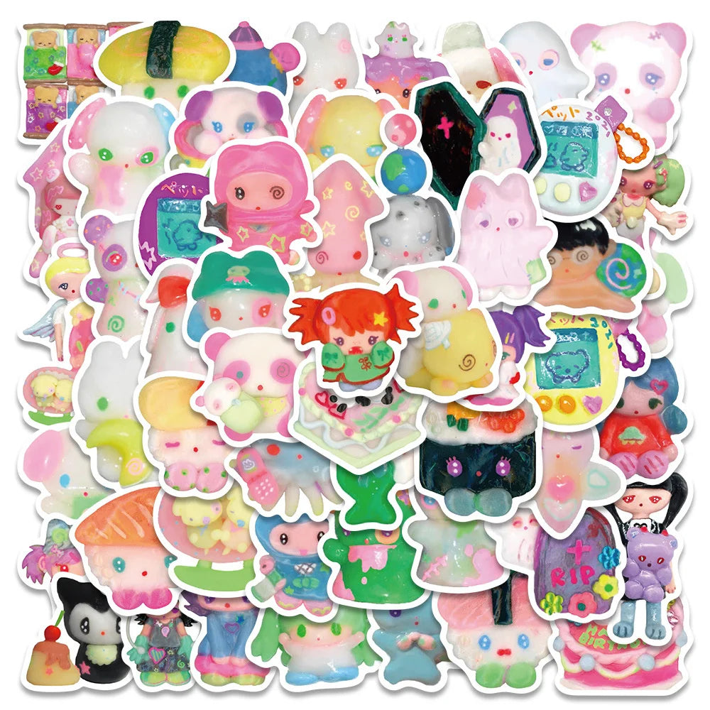 56 pieces of colorful and cute clay doll graffiti stickers, personalized, fashionable and creative DIY trendy decal toy luggage, laptop, helmet, guitar, popular and exquisite decorative stickers