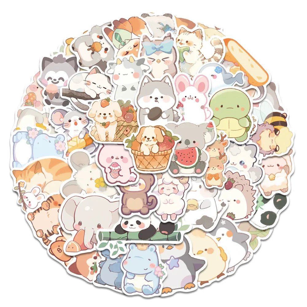 50PCS Cute Animal Doodle Stickers, Funny Chibi Cartoon Vinyl Decals for Kids, Journals, and Laptops