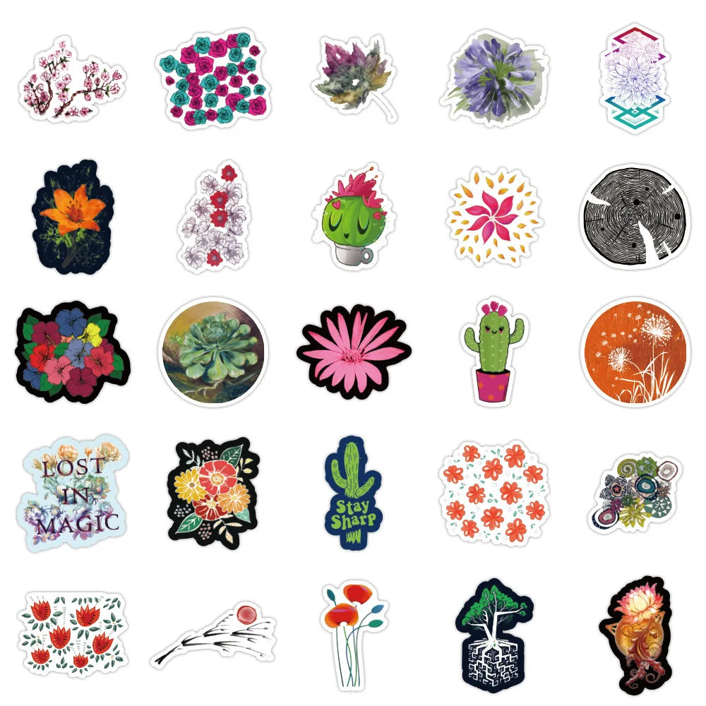 100PCS of fashionable and trendy cartoon color plant landscape graffiti stickers, personalized and creative decorative stickers, DIY laptops, refrigerators, suitcases, and popular decal toys