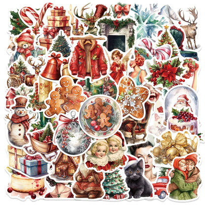 50PCS Retro Christmas Doodle Stickers - Vintage Holiday Vinyl Decals for Gift Wrapping, Scrapbooking & Festive DIY Crafts