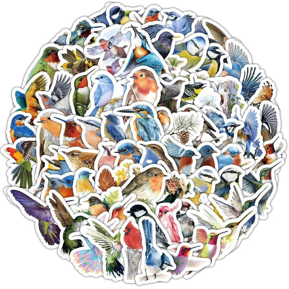 50PCS Cartoon Colorful Bird Sticker Flying Animal Graffiti iPad Mobile Phone Car DIY Wall Sticker Toy Decoration