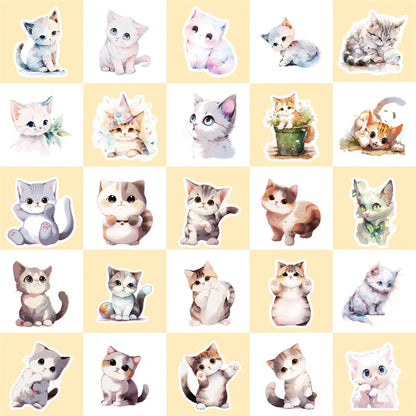50PCS New Cartoon Watercolor Cat Personalized Creative Sticker DIY  Guitar Computer  Suitcase  Helmet Waterproof
