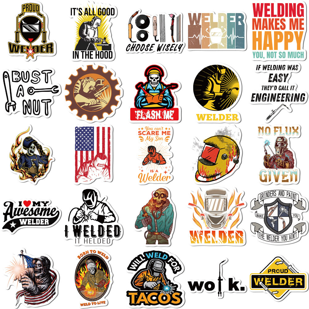 50PCS Welding Doodle Stickers, Arc Welder & Spark Cartoon Decals for Makers, Metalworkers, and Toolbox Vibes