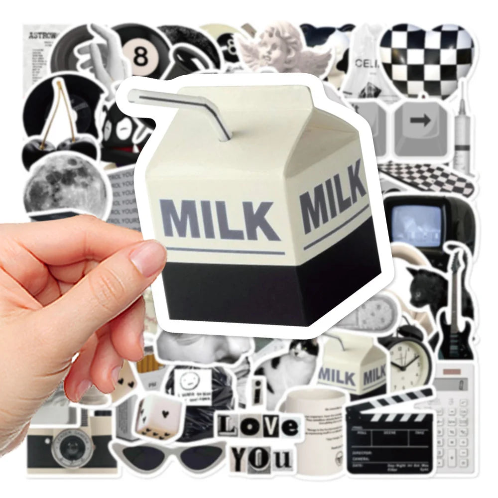 61PCS Cartoon Black and White Minimalist Style Graffiti Stickers Personalized DIY Creative Trend Decorative Decals Toys Skateboard Helmets Popular Fine Stickers