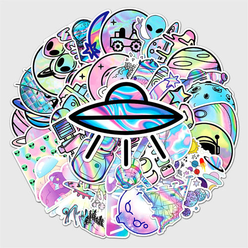50PCS Cartoon Laser Outer Space Planet Doodle Stickers Exquisite and Stylish DIY Journal Decorative Decals Suitable for Water Bottles, Suitcases, Notebooks, Skateboards, Helmets, and Stationery Cases