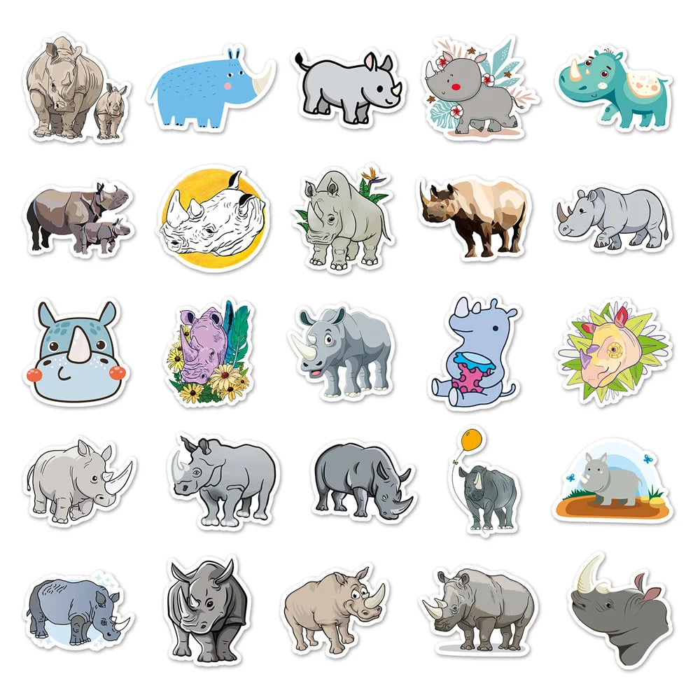 50PCS Rhinoceros Animal Cartoon Graffiti Waterproof Sticker Creative Decoration Refrigerator Skateboard Water Cup