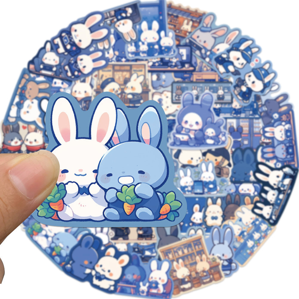 50PCS Blue Bunny Doodle Stickers, Serene Cartoon Rabbit Decals for Calm Vibes, Journals, and Kawaii Collections