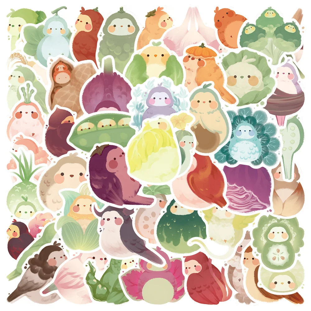 40PCS Cartoon Cute Vegetables Bird Doodle Stickers Personalized Creative Decorative Stickers Luggage Laptop Guitar Helmet Skateboard Fashion Popular Toys Gift Decals