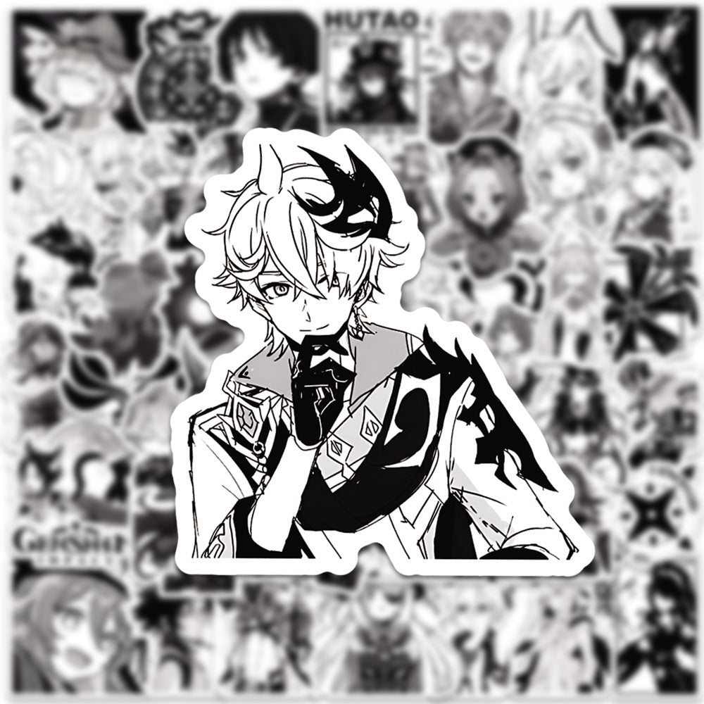 50PCS Cartoon Black & White Genshin Impact Game Doodle Stickers Anime Character Merchandise DIY Decorative Decals for Computer Desks, Guitars, Water Bottles, Skateboards, and Stationery Cases