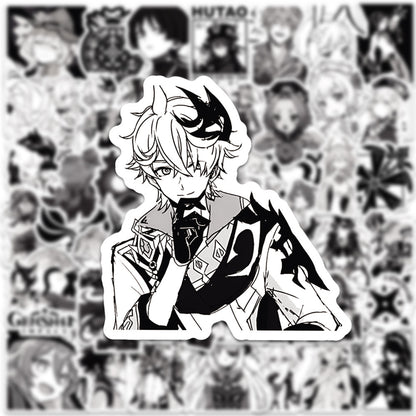 50PCS Cartoon Black & White Genshin Impact Game Doodle Stickers Anime Character Merchandise DIY Decorative Decals for Computer Desks, Guitars, Water Bottles, Skateboards, and Stationery Cases