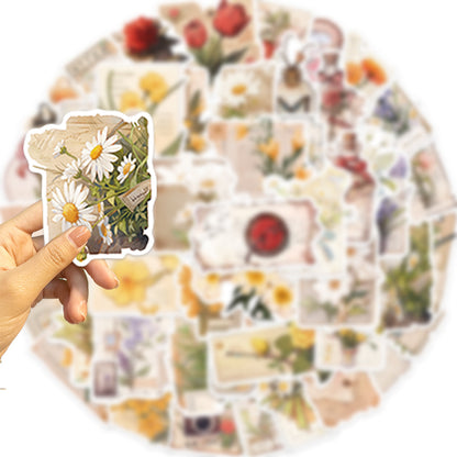 50PCS Classic Cartoon Flower Stickers - Vintage Botanical Decals for Journals, Planners, Water Bottles & Retro Craft Gifts