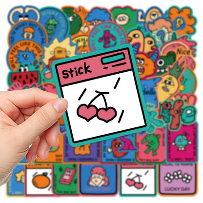 50 pieces of cartoon hand-drawn odd graffiti stickers, personalized, fashionable, creative and exquisite decal toys, refrigerator, skateboard helmet, guitar, popular sticker toys