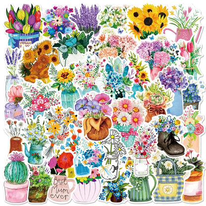 50PCS Literary Fresh Plants Flowers Graffiti Waterproof Stickers Cartoon Creative Decorative Decals Refrigerator