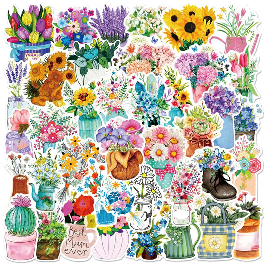 50PCS Literary Fresh Plants Flowers Graffiti Waterproof Stickers Cartoon Creative Decorative Decals Refrigerator