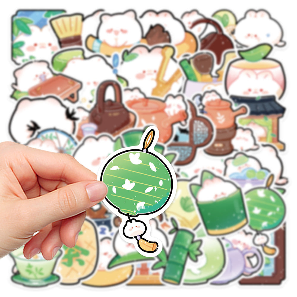 40PCS Cartoon Bamboo Grove Tea House Doodle Stickers Exquisite Creative DIY Journal Decorative Decals Suitable for Notebooks, Phone Cases, Skateboards, Water Bottles, and Stationery Boxes
