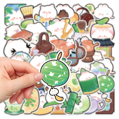 40PCS Cartoon Bamboo Grove Tea House Doodle Stickers Exquisite Creative DIY Journal Decorative Decals Suitable for Notebooks, Phone Cases, Skateboards, Water Bottles, and Stationery Boxes