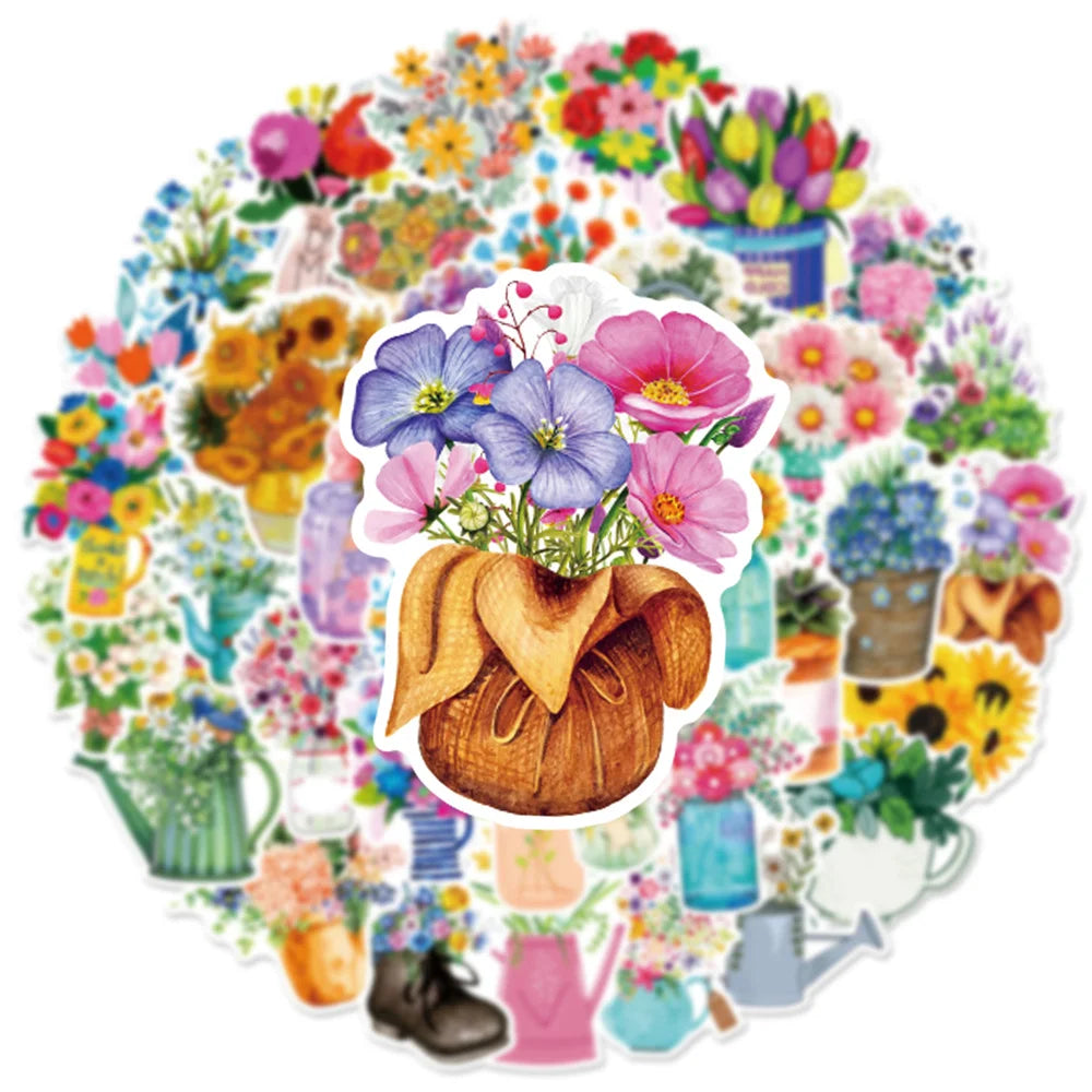 50PCS Literary Fresh Plants Flowers Graffiti Waterproof Stickers Cartoon Creative Decorative Decals Refrigerator