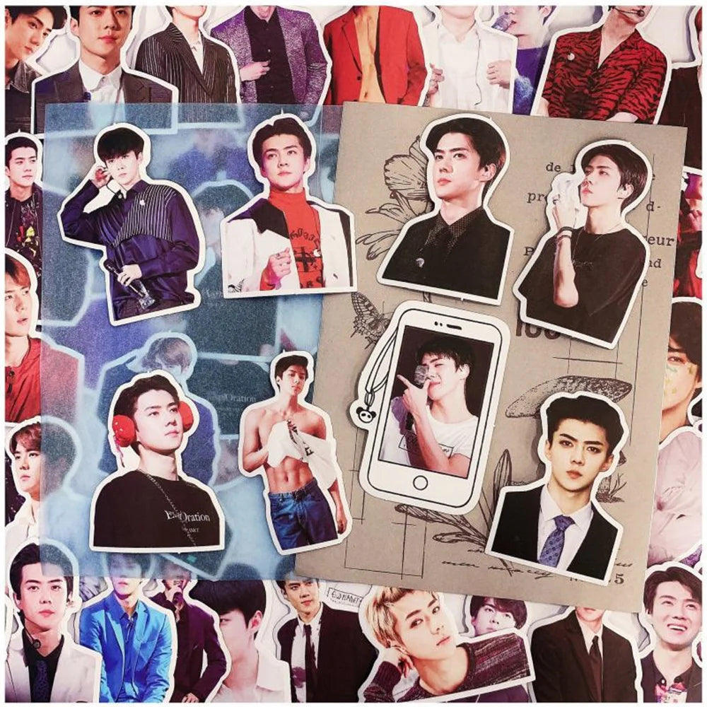 56PCS Korean Star Sehun KPOP Singer Exquisite Graffiti Stickers Personalized Creative Trend Decorative Stickers Luggage Laptop Refrigerator Helmet Fashion Popular Toy Decals