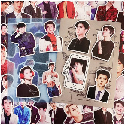 56PCS Korean Star Sehun KPOP Singer Exquisite Graffiti Stickers Personalized Creative Trend Decorative Stickers Luggage Laptop Refrigerator Helmet Fashion Popular Toy Decals