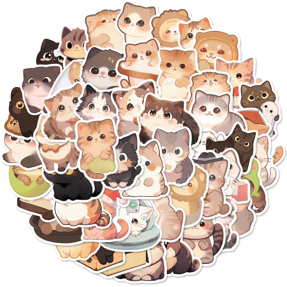 50PCS Cute Cartoon Cat Animal Doodle Stickers Exquisite Fashionable DIY Decorative Stickers for Notebooks Perfect for Suitcases, Laptops, Guitars, Chairs, Helmets, and Stationery Boxes