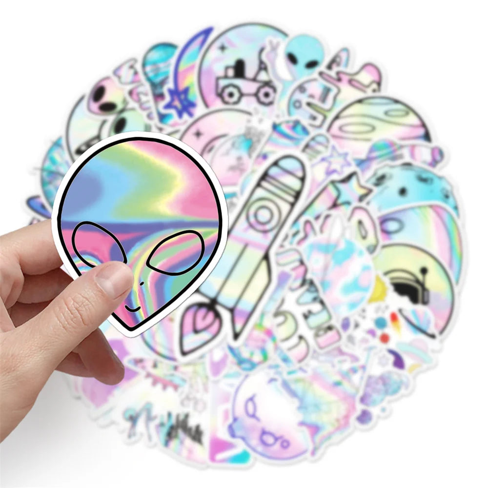 50PCS Laser Cartoon Planet Outer Space Sticker Luggage Computer IPad Skateboard Motorcycle Waterproof Sticker