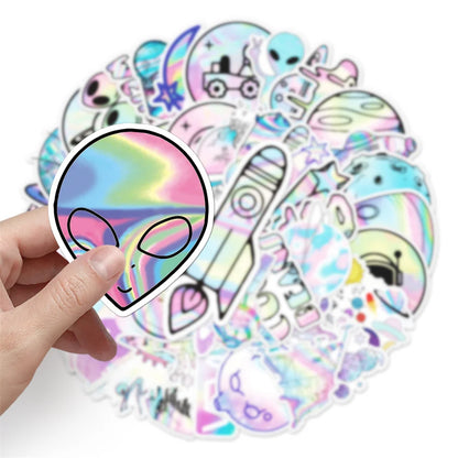 50PCS Laser Cartoon Planet Outer Space Sticker Luggage Computer IPad Skateboard Motorcycle Waterproof Sticker