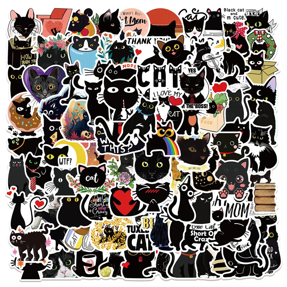100PCS Cute Black Cat Cartoon Doodle Stickers Perfect for Refrigerators, Suitcases, Laptops, Skateboards, Water Bottles, Helmets, Stationery Boxes Exquisite DIY Desktop Decor Decals