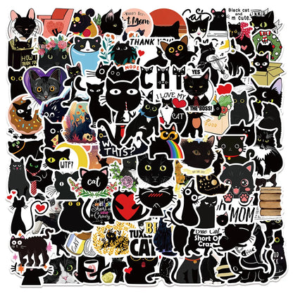 100PCS Cute Black Cat Cartoon Doodle Stickers Perfect for Refrigerators, Suitcases, Laptops, Skateboards, Water Bottles, Helmets, Stationery Boxes Exquisite DIY Desktop Decor Decals