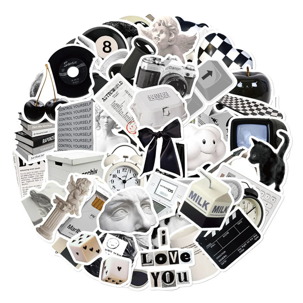 61PCS Cartoon Black and White Minimalist Style Graffiti Stickers Personalized DIY Creative Trend Decorative Decals Toys Skateboard Helmets Popular Fine Stickers