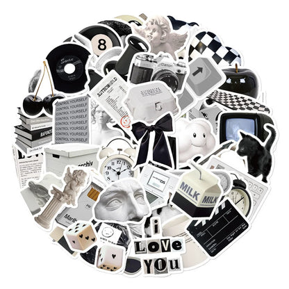 61PCS Cartoon Black and White Minimalist Style Graffiti Stickers Personalized DIY Creative Trend Decorative Decals Toys Skateboard Helmets Popular Fine Stickers