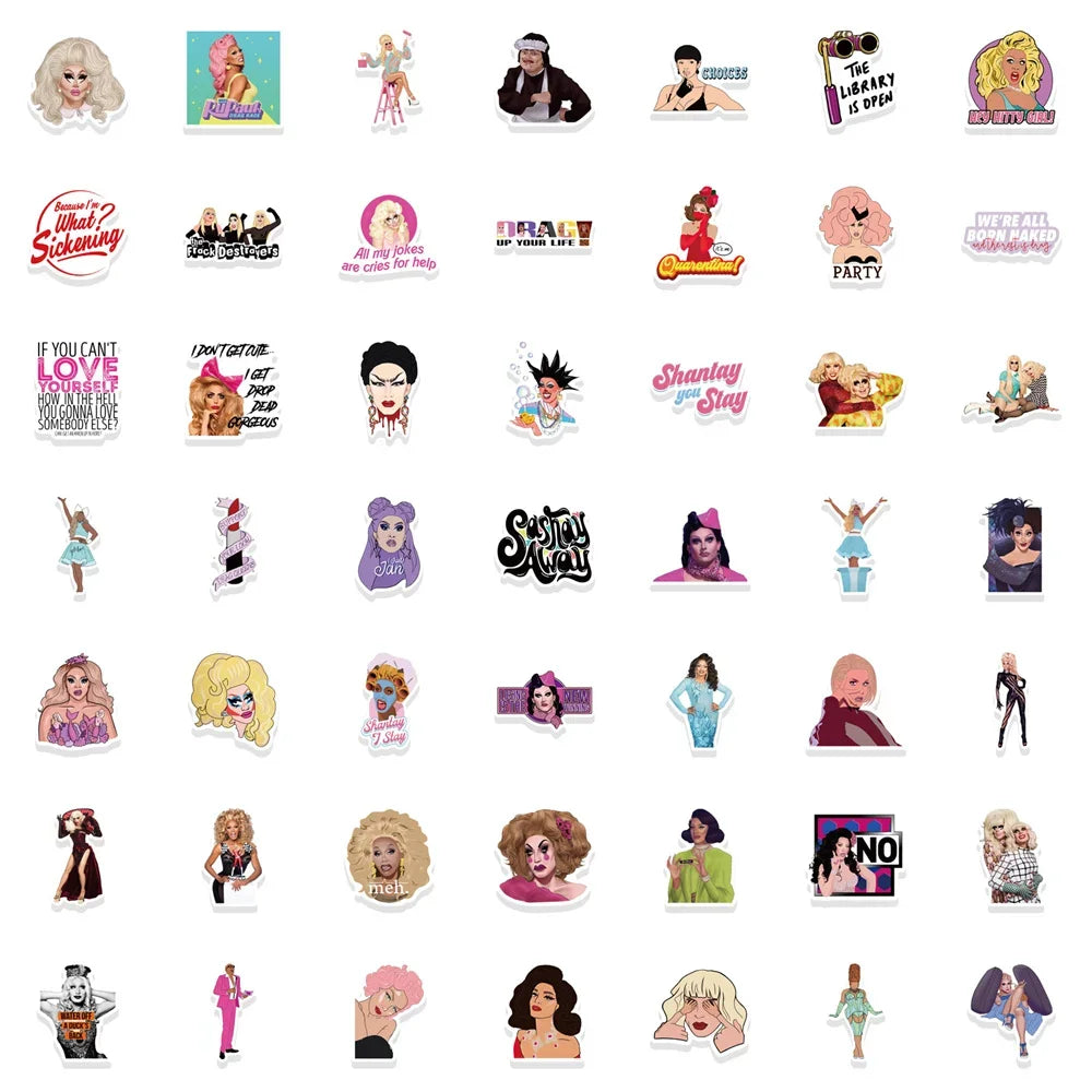 100PCS TV Show RuPauls Drag Race Cartoon Graffiti Stickers Personalized Fashion Creative Trend Exquisite DIY Decorative Decals Toys for Luggage Laptop IPad Skateboards Phone Case Mugs Popular Stickers