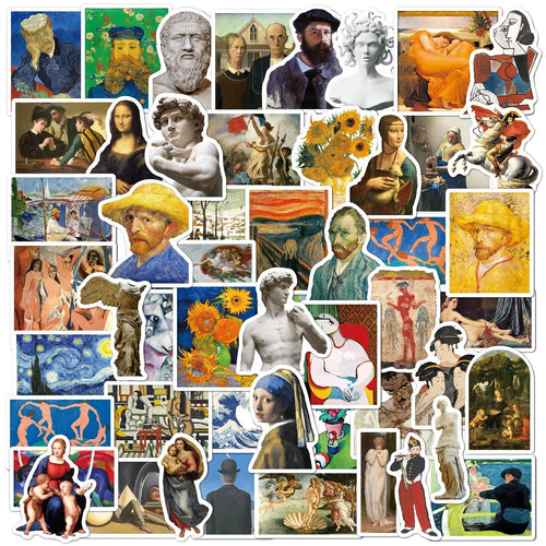 50 pieces of oil painting art Van Gogh Mona Lisa cartoon graffiti stickers, suitable for carry-on luggage, handbags, handbooks, phone cases, notebooks, decorative stickers and toys