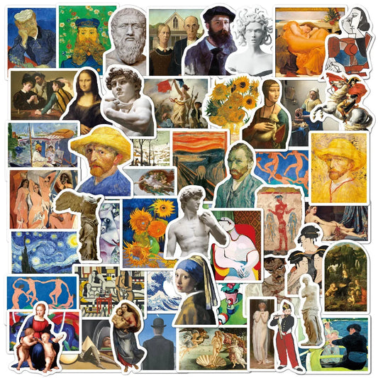 50 pieces of oil painting art Van Gogh Mona Lisa cartoon graffiti stickers, suitable for carry-on luggage, handbags, handbooks, phone cases, notebooks, decorative stickers and toys