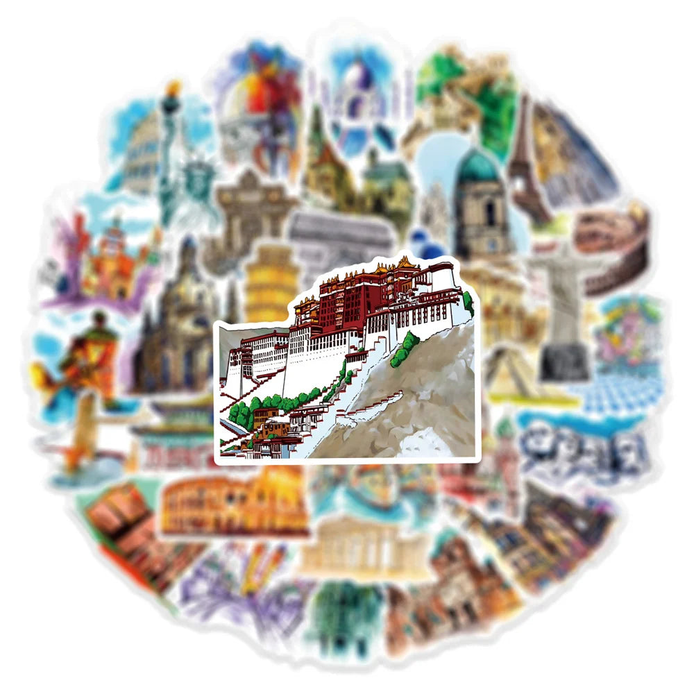 50PCS Landmark Building Graffiti Sticker DIY Decorative Guitar Suitcase Motorcycle Waterproof Sticker