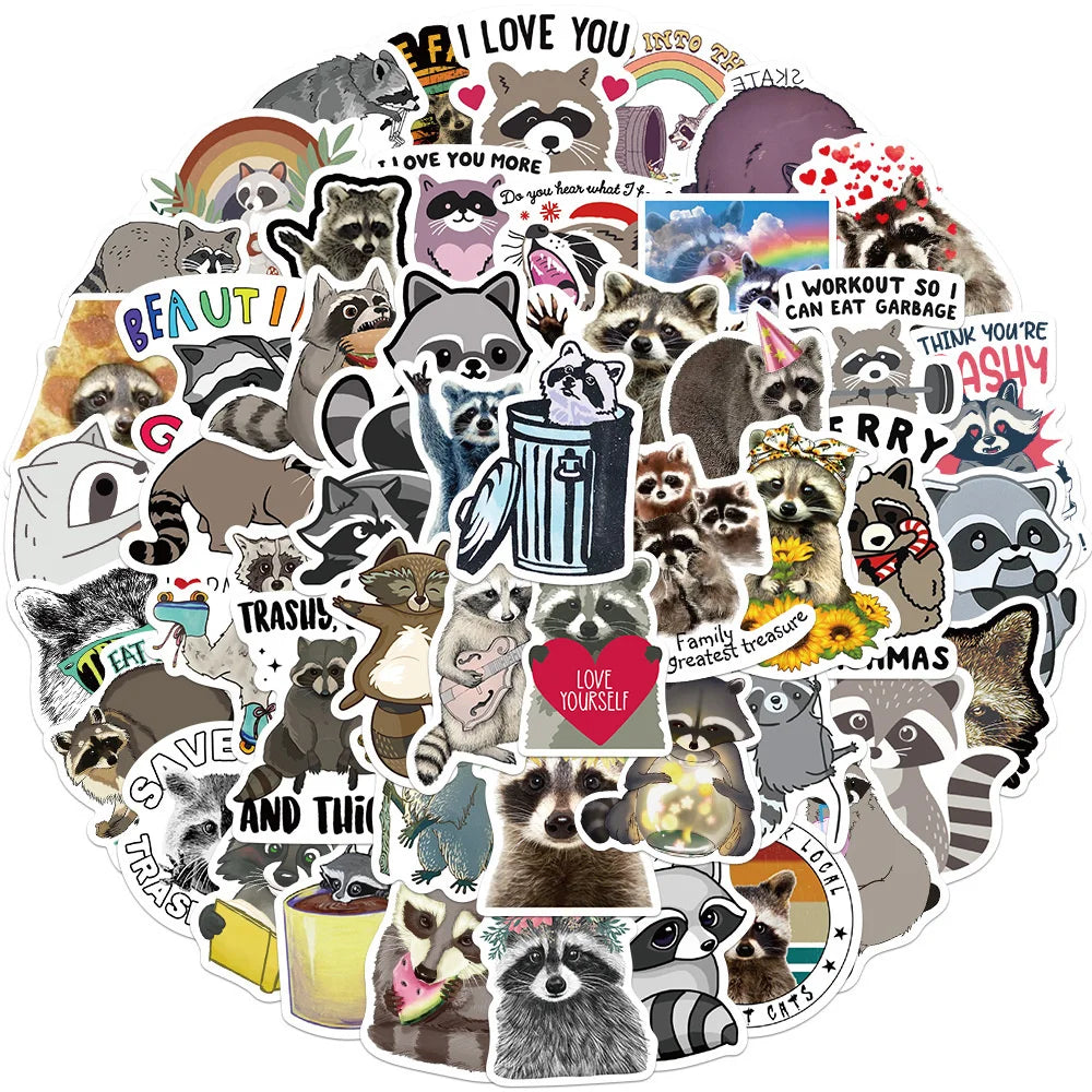 50PCS Cartoon Cute Animal Raccoon Children Sticker for Luggage Laptop IPad Journal Guitar Waterproof Sticker