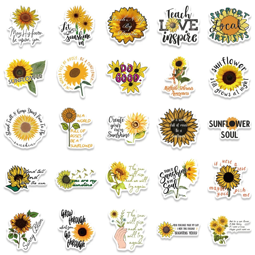 50PCS Cartoon Sunflower Motivational Quotes Doodle Stickers Exquisite Creative Decorative Decals Perfect for Water Bottles, Guitars, Skateboards, Pencil Cases, and Notebooks