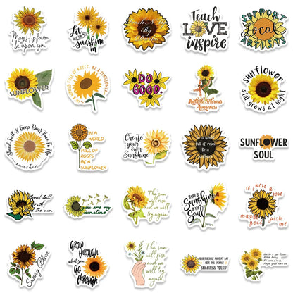 50PCS Cartoon Sunflower Motivational Quotes Doodle Stickers Exquisite Creative Decorative Decals Perfect for Water Bottles, Guitars, Skateboards, Pencil Cases, and Notebooks