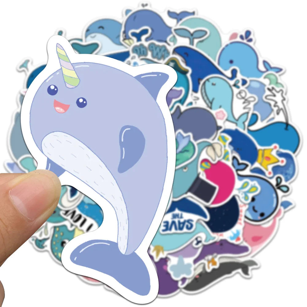50PCS of cute cartoon whale and Marine animal graffiti stickers, personalized and fashionable DIY creative and exquisite decorative stickers, refrigerator, skateboard, water cup, helmet, guitar, popular sticker toys