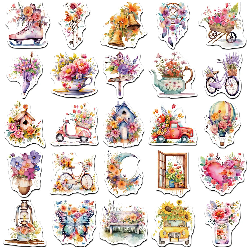 50PCS Retro Flowers & Objects Stickers - Vintage Botanical Decals for Journals, Laptops, Water Bottles & Aesthetic Crafting