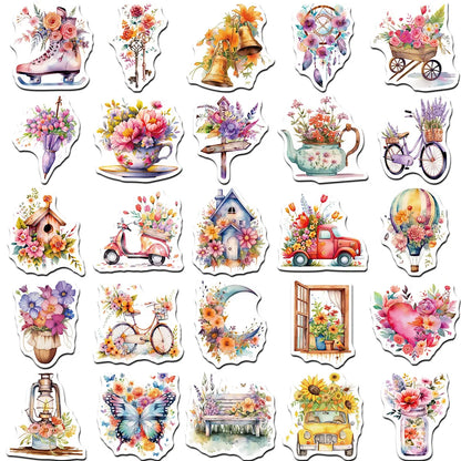 50PCS Retro Flowers & Objects Stickers - Vintage Botanical Decals for Journals, Laptops, Water Bottles & Aesthetic Crafting