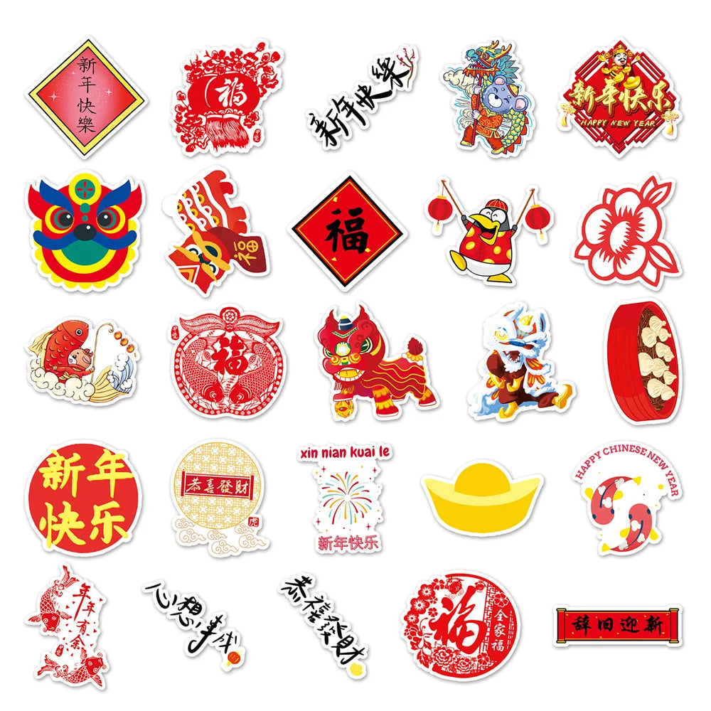 50 pieces of Chinese festival New Year series cartoon, auspicious and cute graffiti stickers, personalized, fashionable and creative DIY decorative stickers, guitar, IPad, helmet, skateboard, popular and exquisite decal toys