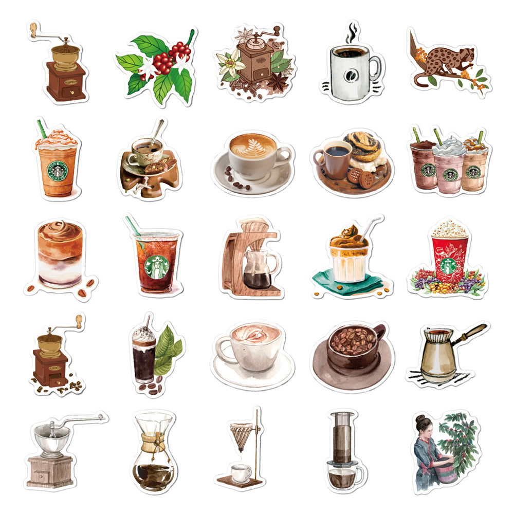50PCS Cartoon Retro Coffee Doodle Stickers - Exquisite DIY Journal Decor Decals for Bags, Skateboards, Refrigerators, Computers, Helmets, and Stationery Boxes