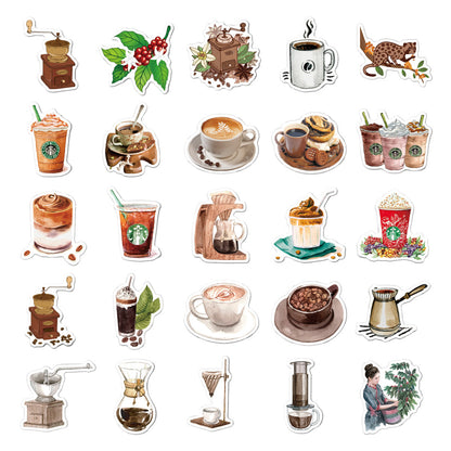 50PCS Cartoon Retro Coffee Doodle Stickers - Exquisite DIY Journal Decor Decals for Bags, Skateboards, Refrigerators, Computers, Helmets, and Stationery Boxes