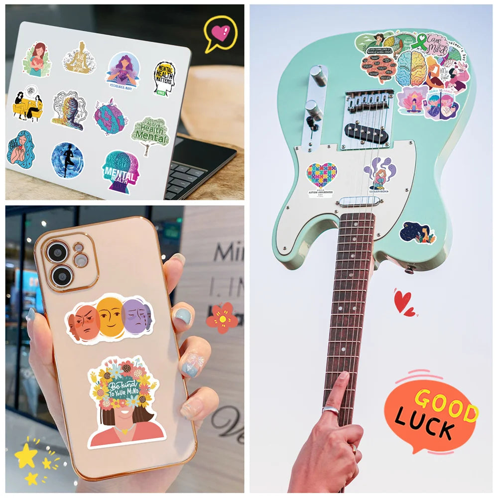 50PCS Cartoon Mental Health Graffiti Waterproof Stickers Personalized Creative Decoration Fashion CupGuitarHelmet