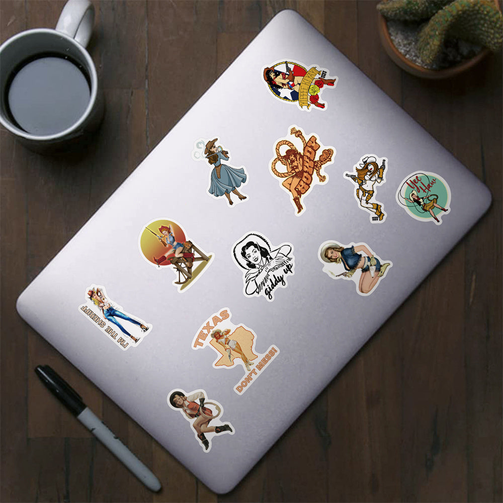 50PCS Retro Western Fashion Stickers, Stylish Cowgirl & Ranch Doodles for Denim Jackets, Boots, and Boho Decor