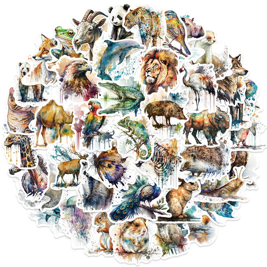 50PCS Cartoon Cute Watercolor Animal Doodle Stickers Exquisite Fashion Creative DIY Journal Decorative Decals Suitable for Phone Cases, Laptops, Water Bottles, Helmets, Guitars, and Stationery Boxes