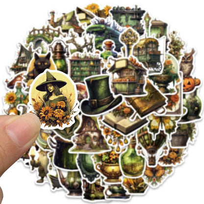 50PCS Jungle Magic Doodle Stickers, Vintage Cartoon Flora & Mystical Creature Decals for Adventurous Planners