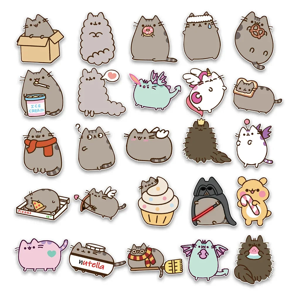 50PCS Cute Fat Cat Sticker Cartoon Flat Skateboard Telmet Cup Guitar DIY Wall Sticker Personalized Decoration