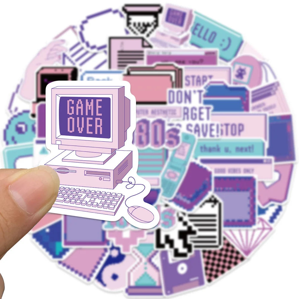 53PCS Cartoon Purple Pixel Style Graffiti Stickers Personalized Creative DIY Decorative Stickers Laptop IPad Refrigerator Guitar Mug Fashion Popular Toys Exquisite Decals